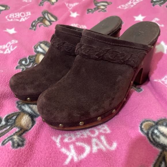 UGG Chocolate Suede Mules with Wooden Heel - Picture 3 of 6